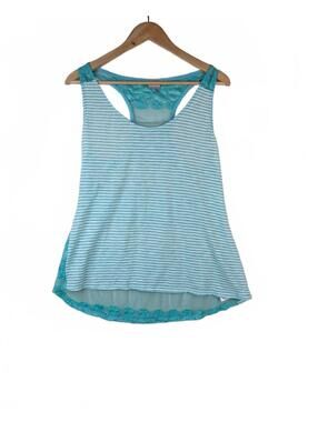 VTG Y2K Vanity Aqua and White Striped Racerback‎ Tank Top with Lace Trim Size L